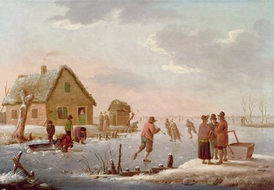 Schaatsende figuren in een winterlandschap door Hendrik Willem Schweickardt
